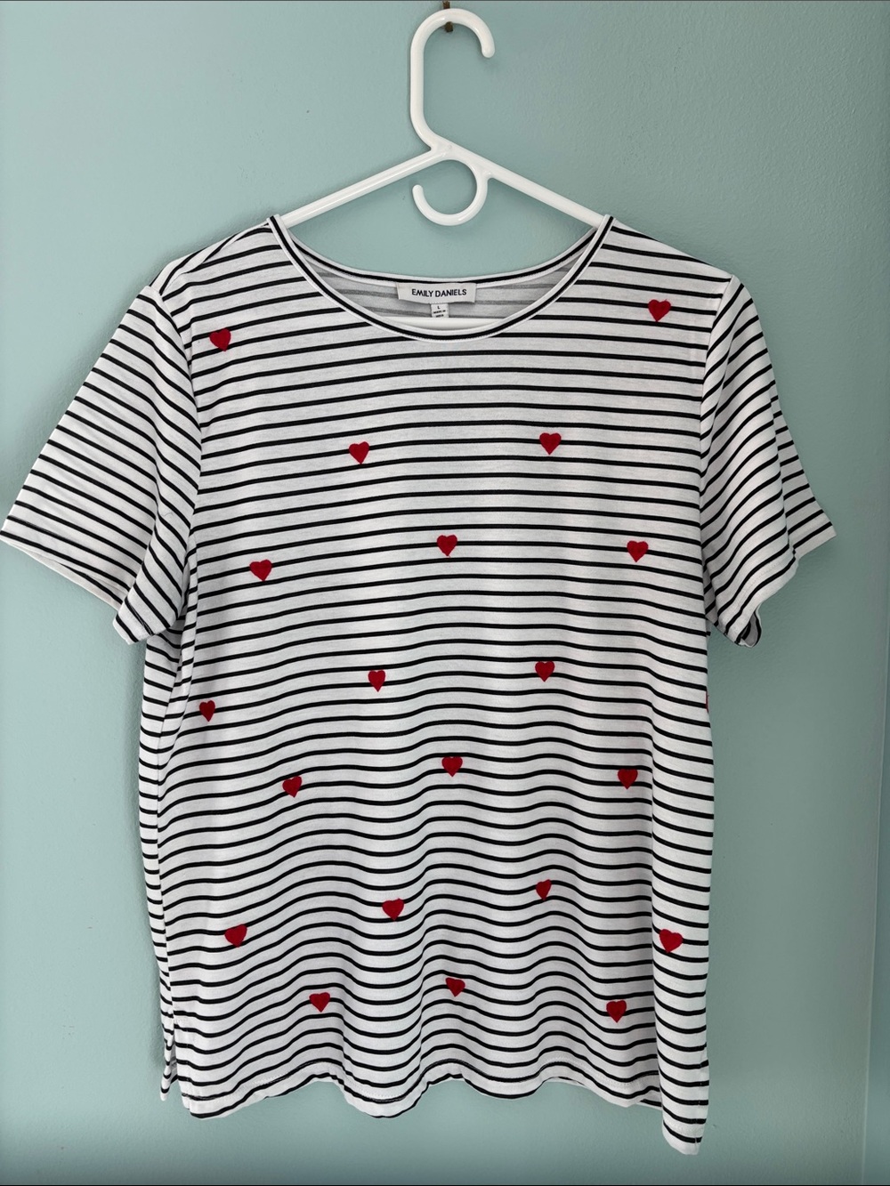 Emily Daniels Women's Black & White Striped Tee with Red Heart Detail large